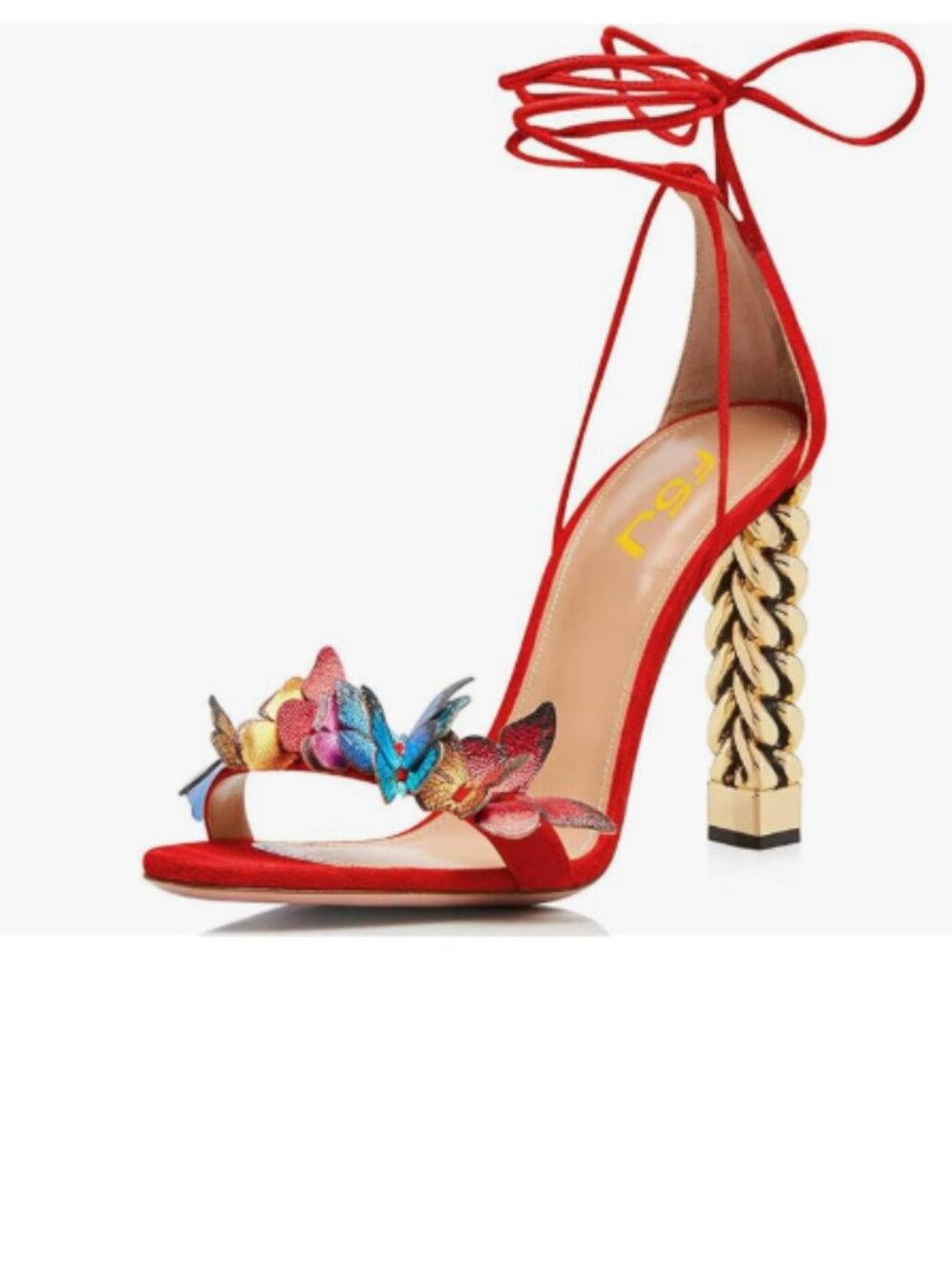 FSJ Red Gold Metal Chain Chunky High Heel Sexy Open Toe Butterfly Lace Up Sandal